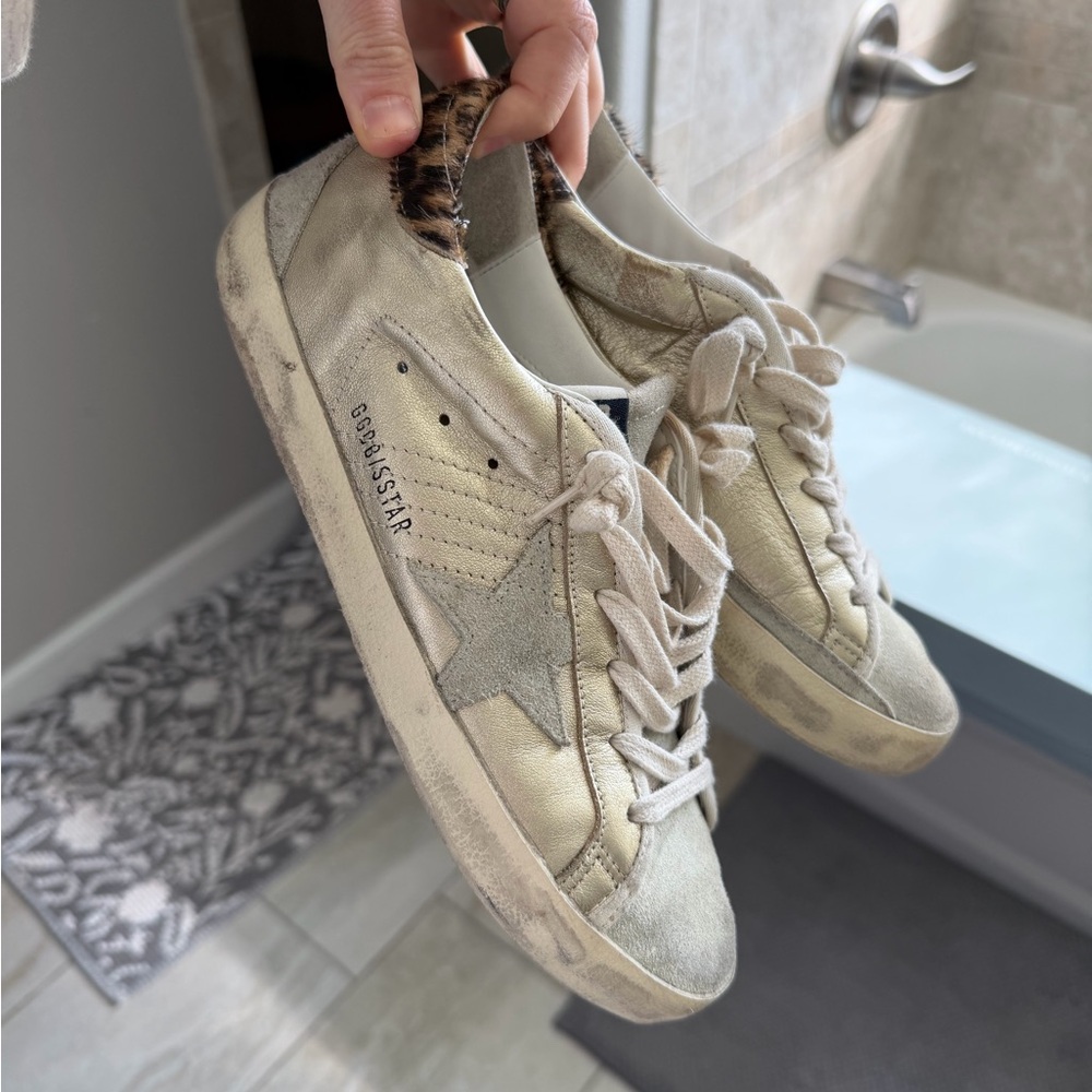 Golden Goose Distressed Sneakers with Leopard Heel in Cream and White
